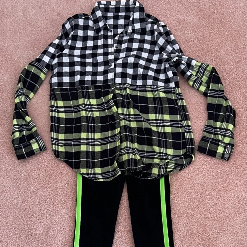 Girls Dance Weissman Recital Costume Pants/Flannel top Size 1C black/neon green